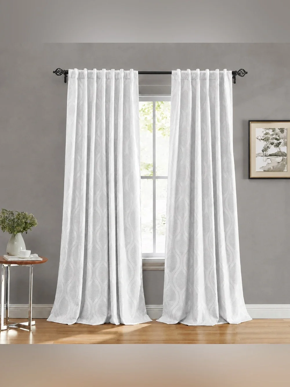 Set of 4 White & Light Gray Flocked Trellis Curtain Panels 52x96